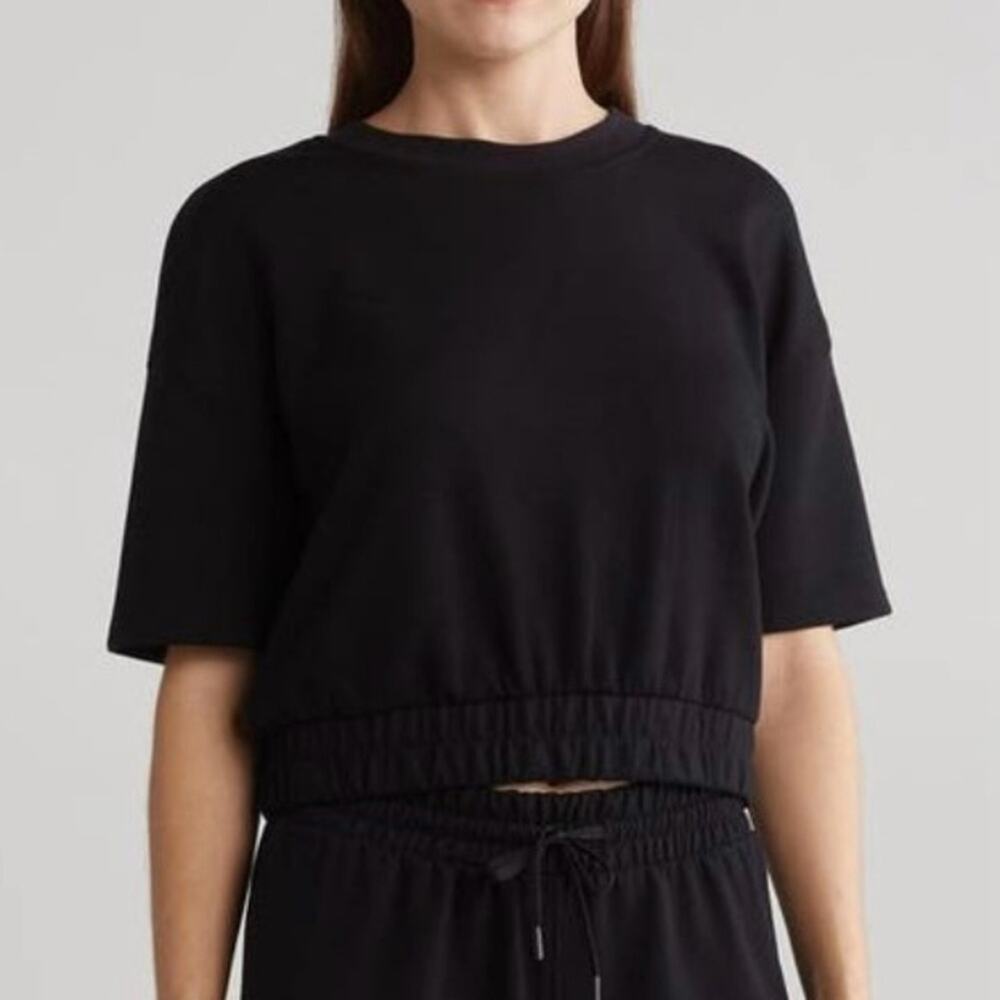 YOGALICIOUS Black Scuba Lanston Short Sleeve Cropped Active Yoga Top Shirt Sz L